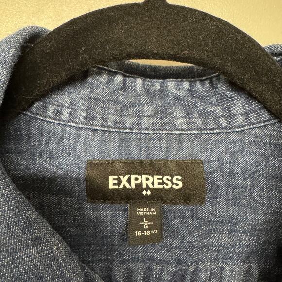 Express Mens Double Pocket Denim Short Sleeve Button Up Shirt Blue Jean Large - Picture 4 of 8
